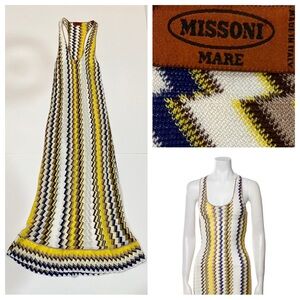 Missoni 🇮🇹 Chevron Knit Crochet Midi Scoop Tank Dress Yellow Brown Tan Blue XS S